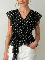 Black White Polka Dot V-neck Flutter Sleeve Waist Tie Chiffon Blouse
