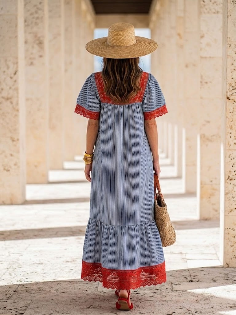 Red Cotton Midi Dress With Striped Paneling