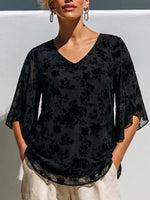 Commute Resort Flocked Print Double Layer Flow V-neck Ruffle 3/4 Sleeve Shirt