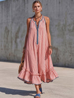 Boho-style Striped Cropped Jumpsuit With Denim Color-contrast Trim