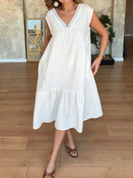Women's Solid Color V-neck Sleeveless Casual Loose Cotton-linen Dress