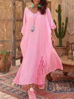 Bohemian V-neck Cotton-linen Dress With Lace Hem