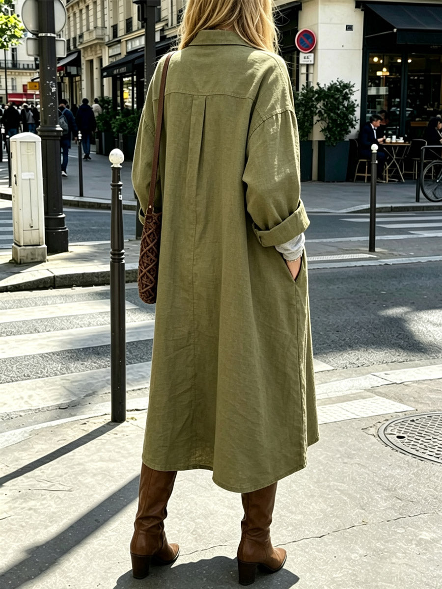 Women's Lapel Button Loose Art Casual Stylish Long Sleeve Cotton Linen Dress
