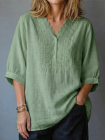 Wave Lace Embroidered V-neck Seven Quarter Bubble Sleeve Cotton And Linen Top