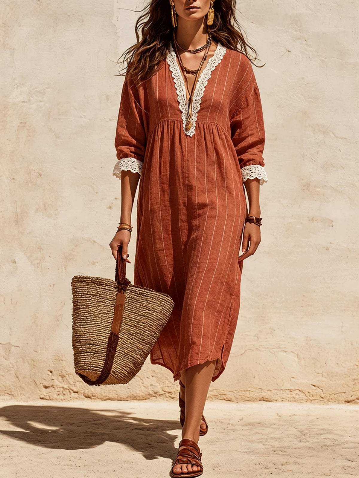 Women's Striped V-Neck Lace-Trim Midi Dress