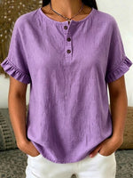 Minimalist Linen-cotton Short-sleeve Henley Top