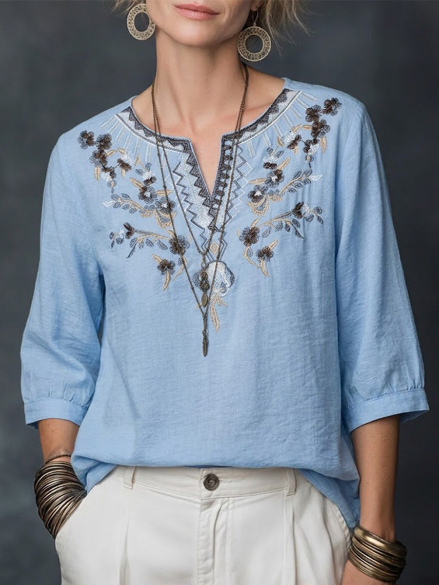 Flower Embroidery V-neck Seven Fold Pleated Sleeve Cotton Linen Blend Top