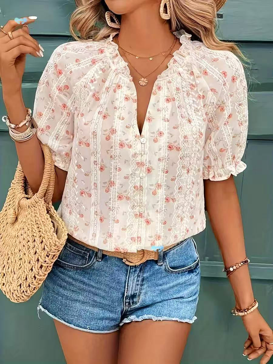 Women's Floral Pattern Art Print Casual Stylish Ruffle Short Sleeve Shirt
