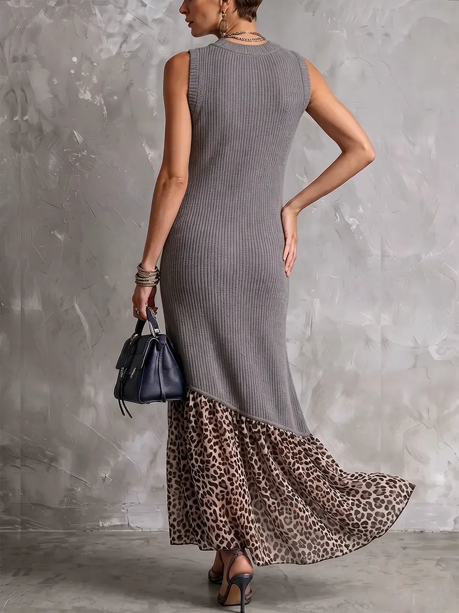 Bold Mixed-Media Ribbed Knit & Leopard Maxi Dress