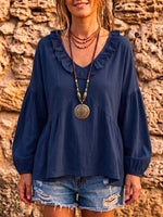 Women's Solid Color V-neck Long-sleeve Casual Loose Cotton-linen Top