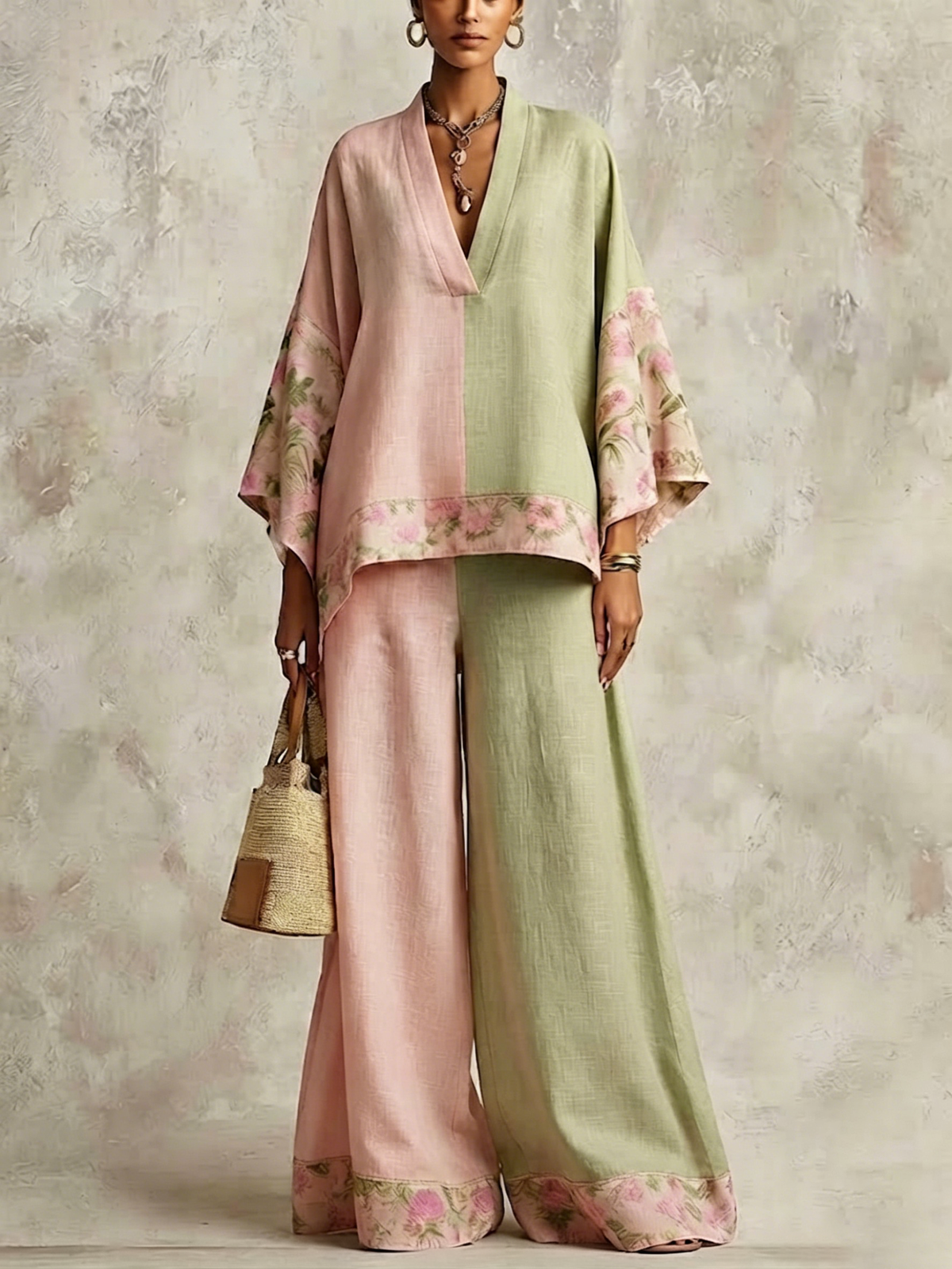 Pink Green Color Block Floral Print Linen Blend V-neck Wide Sleeve Top Wide Leg Pants 2-piece Set