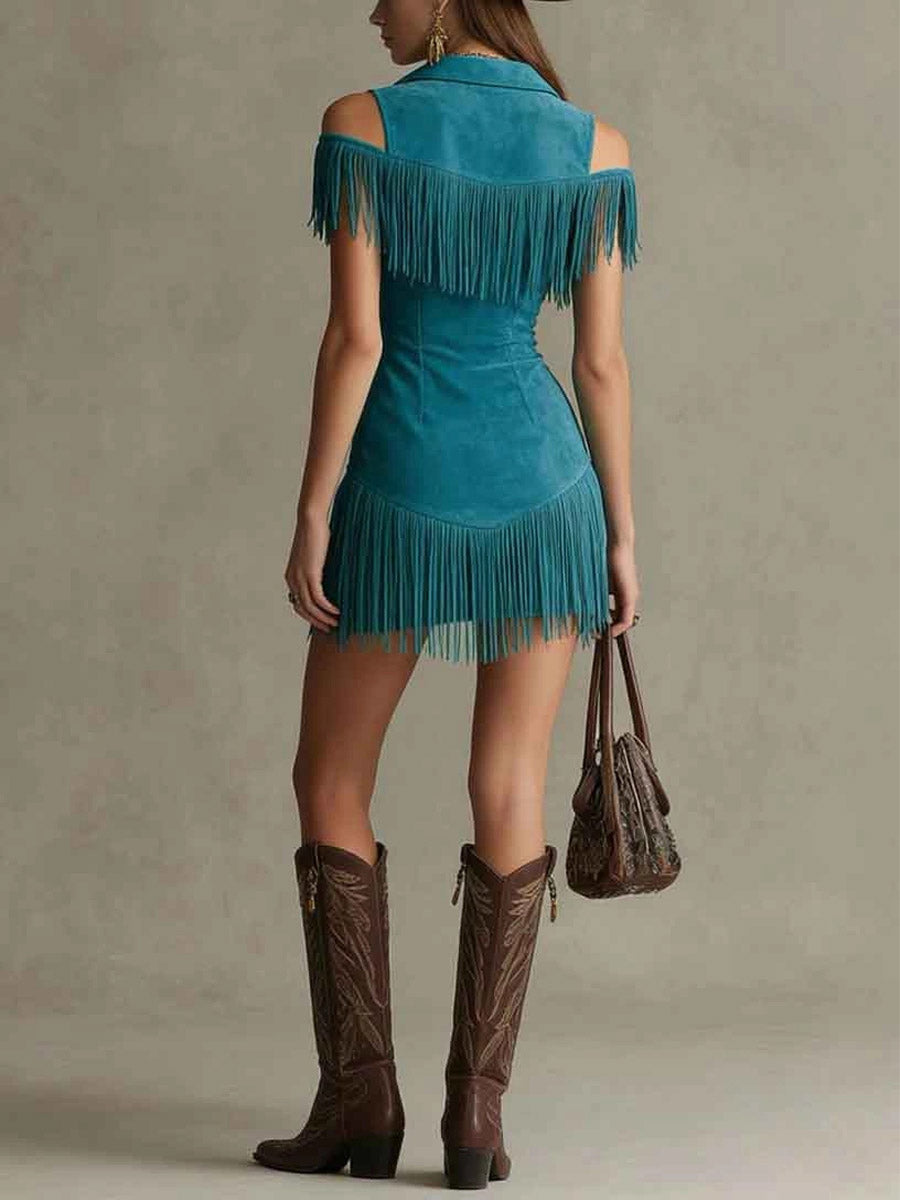 Women's Retro Hot Off-shoulder Fringe Art Zip Casual Short Dress