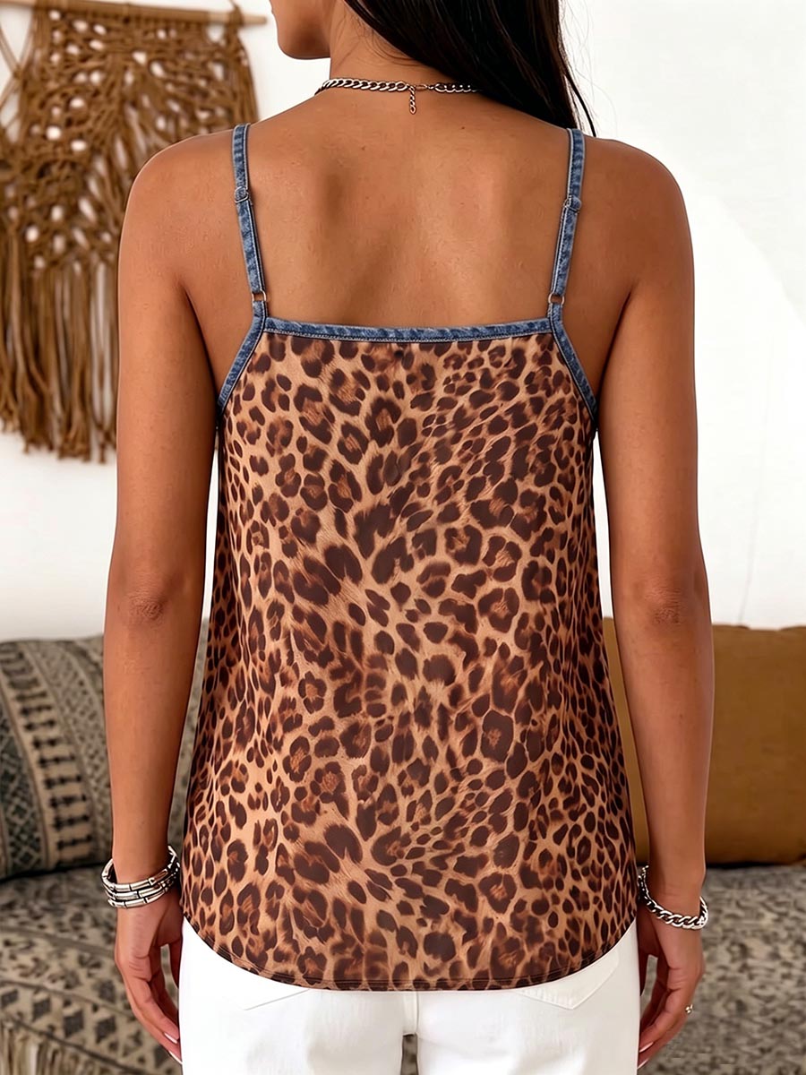 Women's Leopard Print V-neck Sleeveless Casual Loose Denim-paneled Top