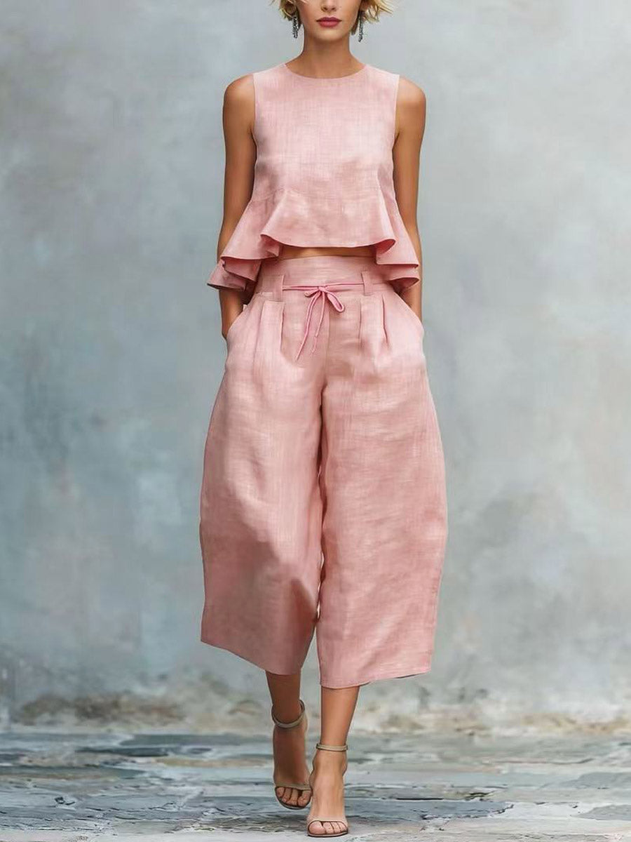Women's Casual Stylish Ruffled Loose Sleeveless Top And Pants Linen Two-piece Set