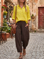 Women's Casual Loose Cotton-linen Set: V-neck Long-sleeve Top And High-waisted Wide-leg Pants
