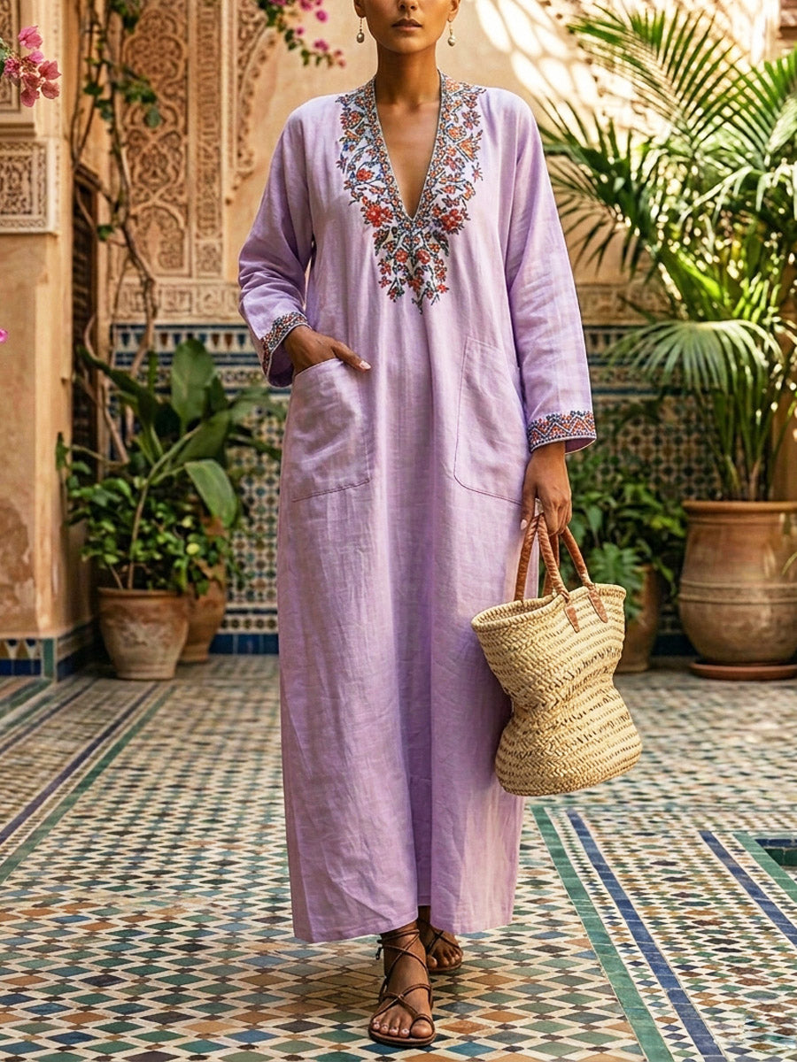 Women's Floral Art Casual Stylish V-collar Long Sleeve Cotton Linen Maxi Dress