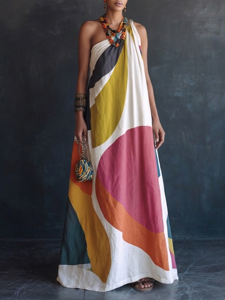 Cotton-linen One-shoulder Maxi Dress With Colorful Artistic Graphic Print