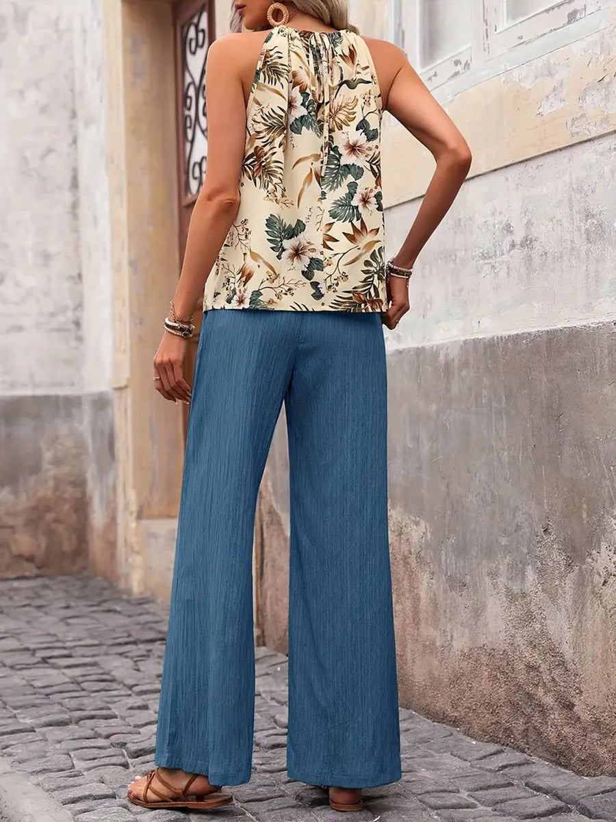 Women's Casual Stylish Floral Loose Sleeveless Top And Pants Two-piece Set