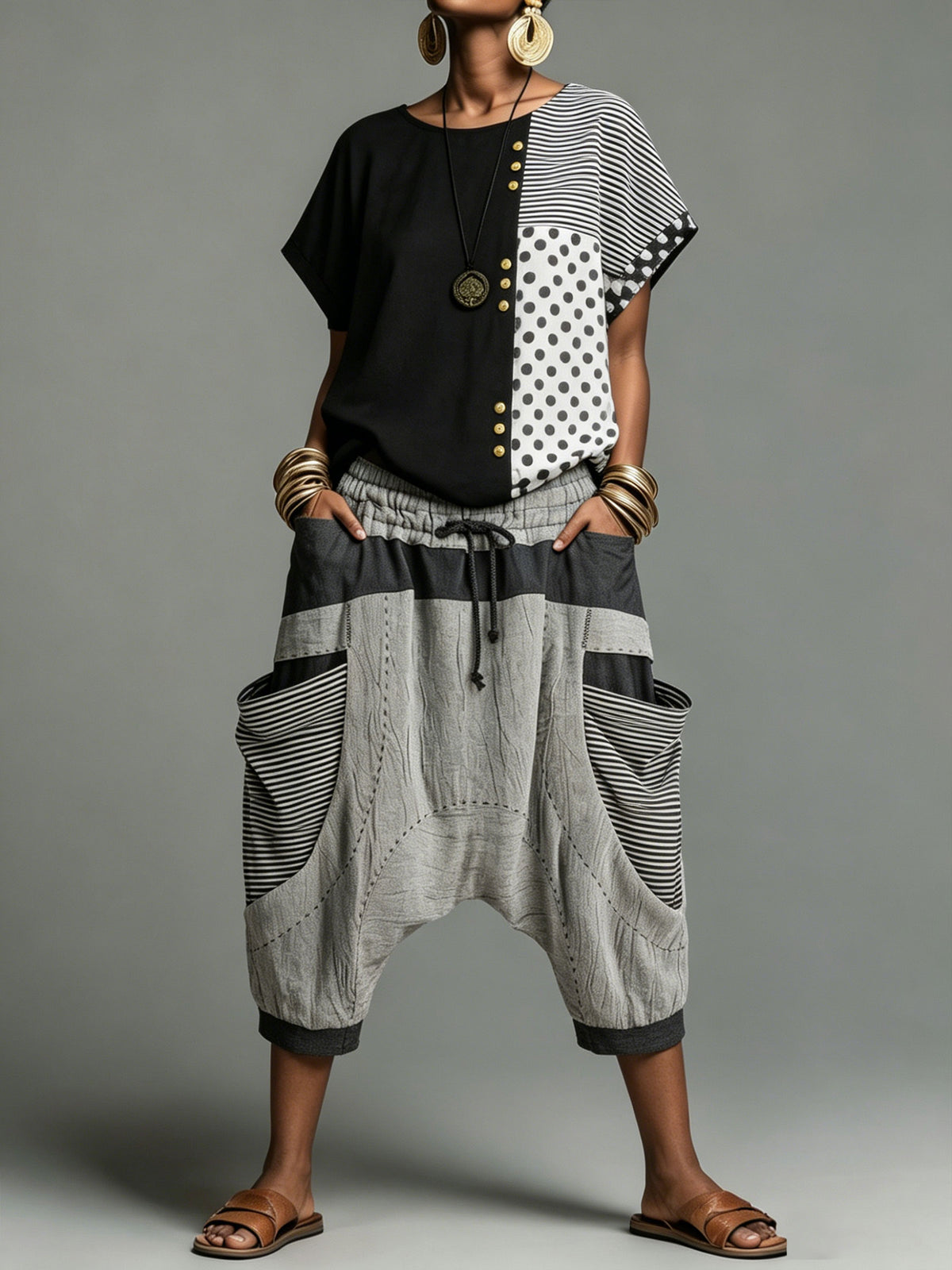 Womens Striped Patchwork Drop Crotch Harem Cropped Pants