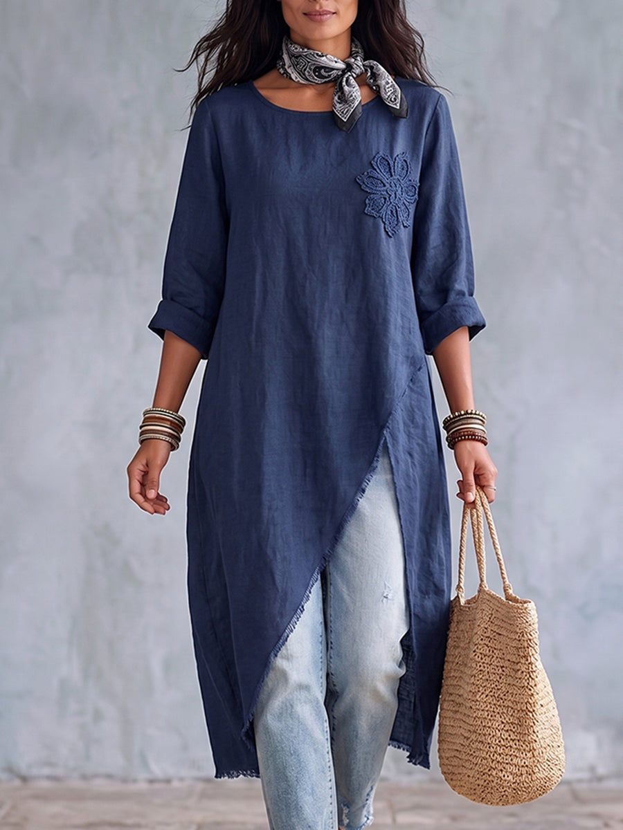 Boho Floral Cotton-linen Asymmetrical Tunic Top