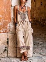 Women's Casual Loose-fit Wide-leg Cotton-linen Jumpsuit With V-neck And Placement Print