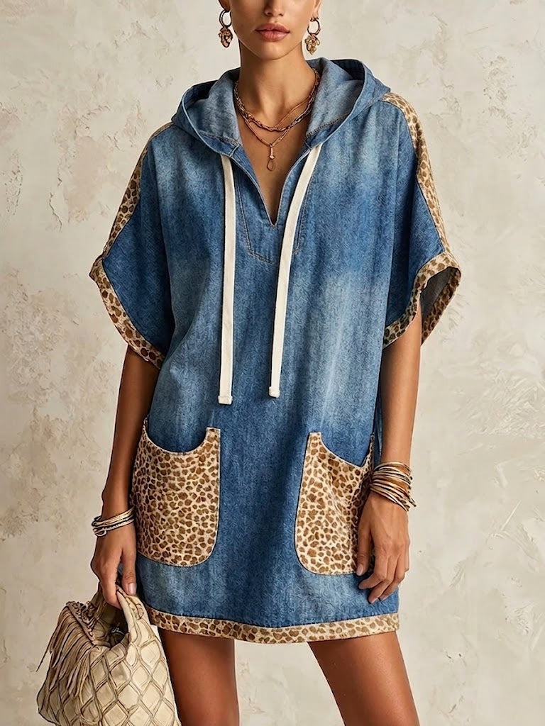 Casual Leopard-print Panel Hooded Denim Dress
