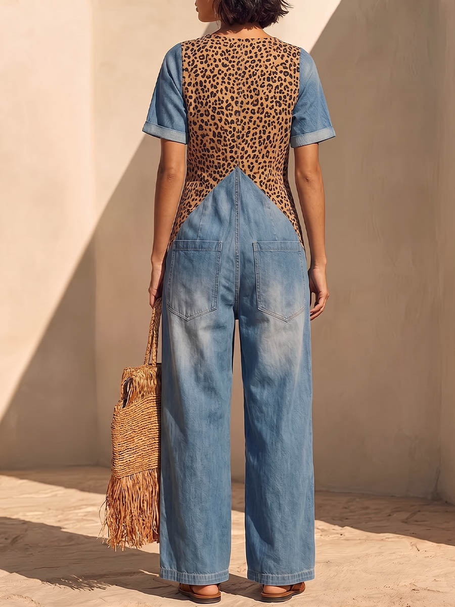 Women's V-neck Short-sleeve Casual Loose-fit Leopard Print Panel Denim Wide-leg Jumpsuit