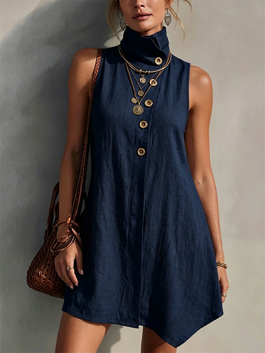 Stand-collar Sleeveless Cotton-linen Mini Dress/vest With Wooden Front Buttons And An Asymmetrical Hem