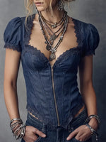 Vintage-Inspired Denim Top – Lace Trim Zip-Front Bustier