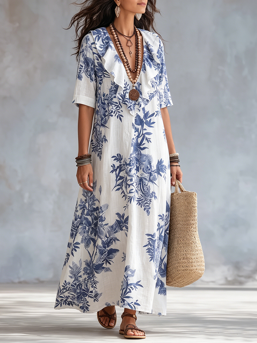Romantic Ruffled Floral Cotton-linen Dress