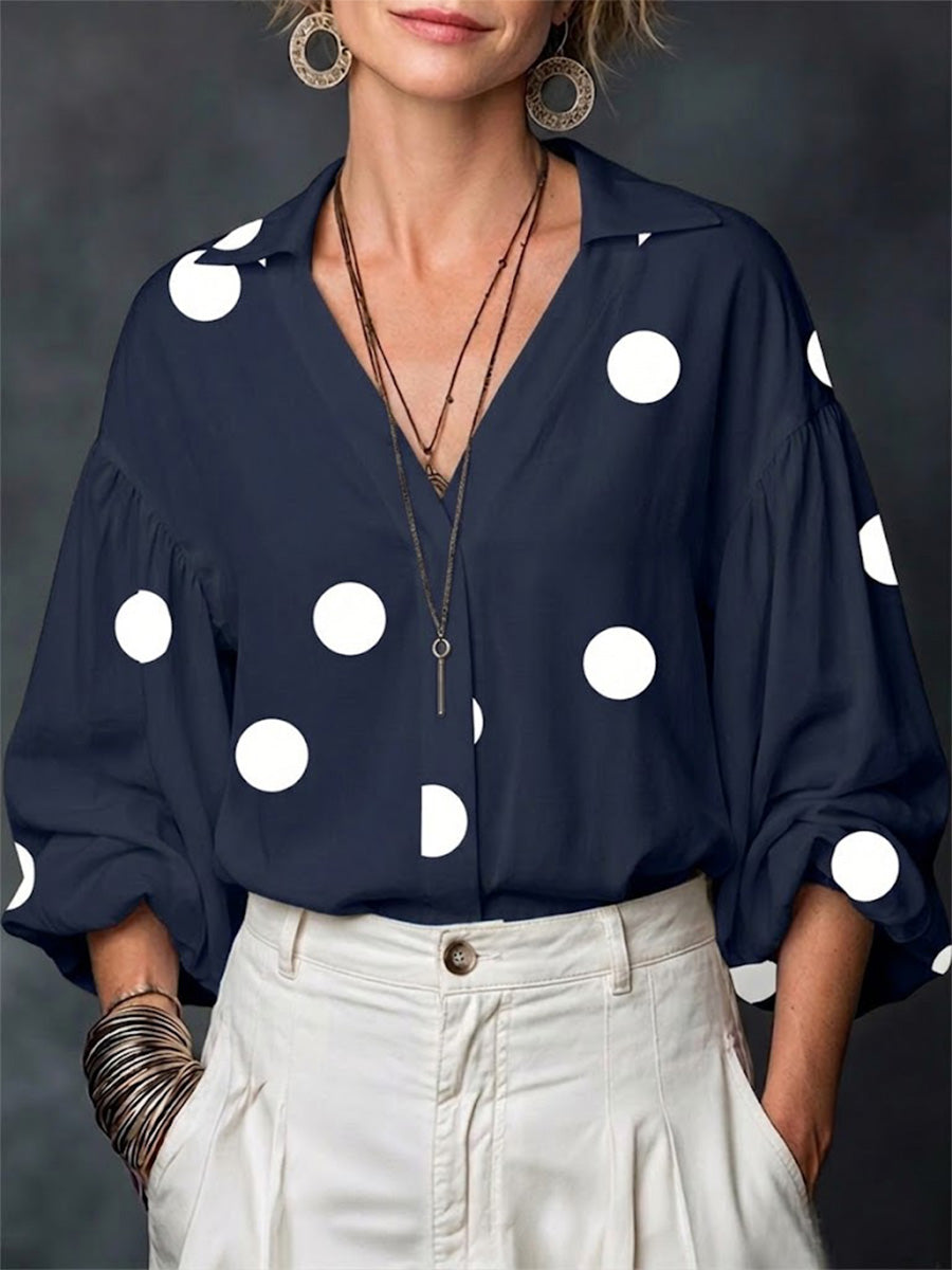Polka-dot Loose-fitting Top With A Partial Button-front Neckline And Long Puff Sleeves