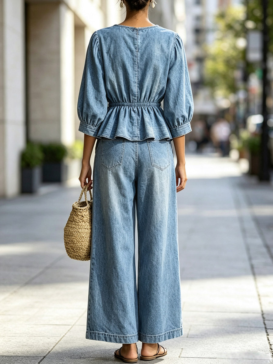 Ruffle Round Neck Button Art Casual Top And Pants Denim Two-piece Set