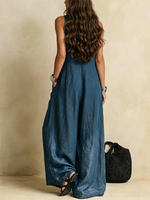 V-neck Sleeveless Loose-fit Utility Jumpsuit With Large Patch Pockets