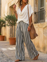 Women's Cowl Neck Art Comfortable Casual Top And Striped Pants Cotton Linen Two-piece Set
