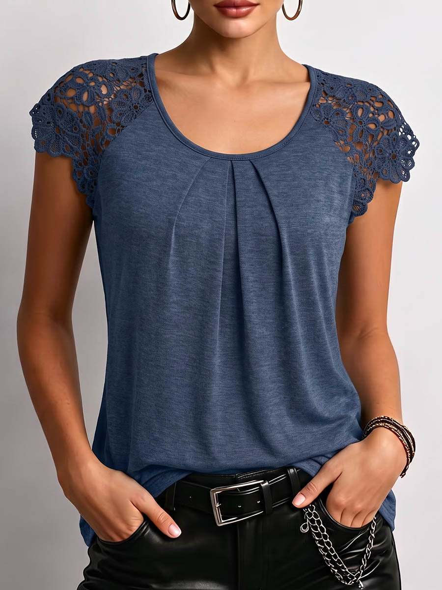 Women's Solid-color Crew Neck Short-sleeve Casual Loose Lace-panel Top