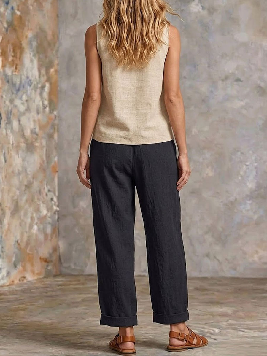 Women's Solid-color Casual Cotton-linen Set: Sleeveless Round-neck Loose Top & High-waisted Wide-leg Pants