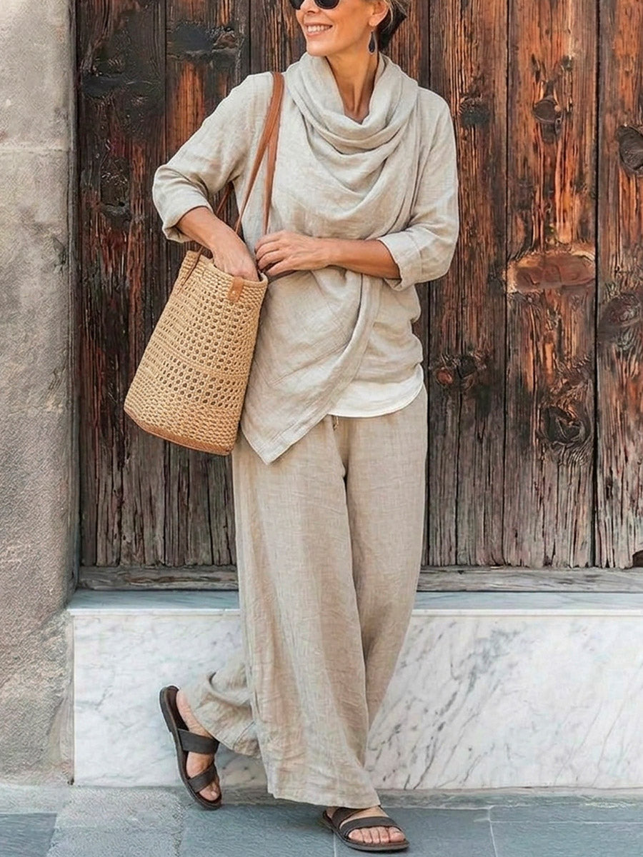Women's Casual Stylish Cowl Neck Top And Pants Cotton And Linen Two-piece Set
