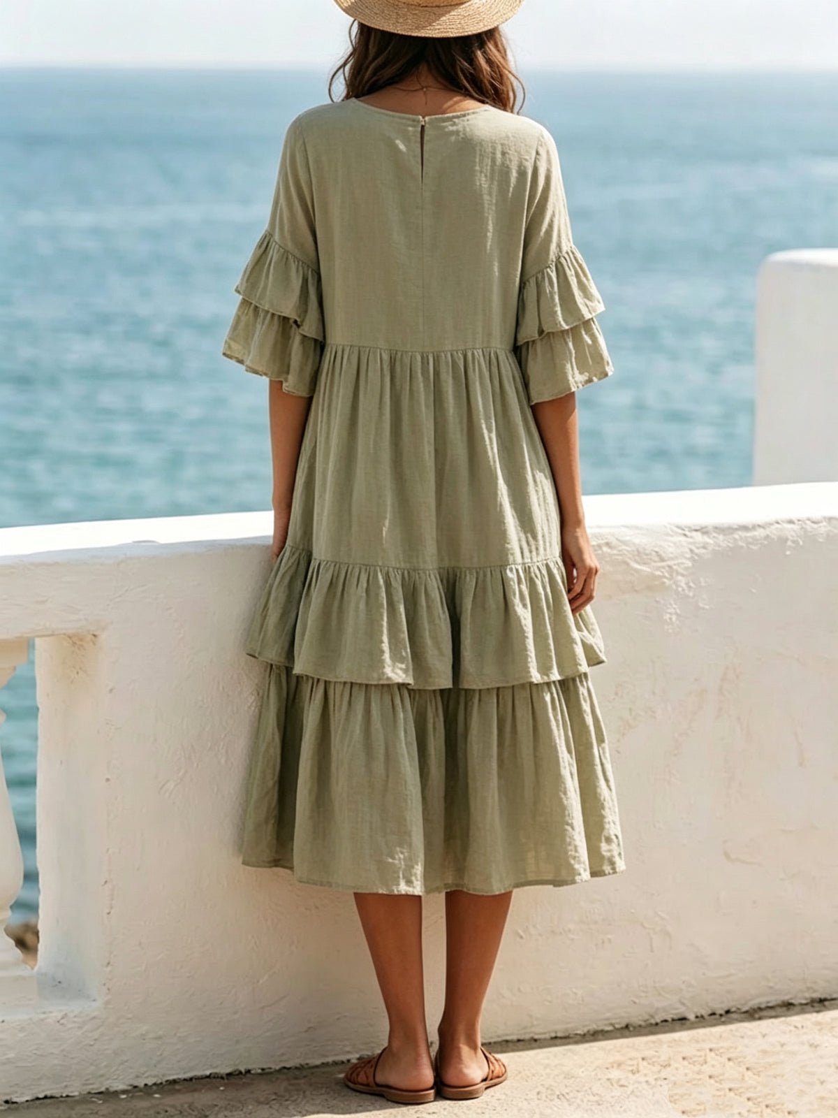 Loose-fitting Cotton-linen Midi Dress Featuring A Round Neck, Double-layer Ruffle Sleeves, And A Three-tiered Ruffled Skirt.