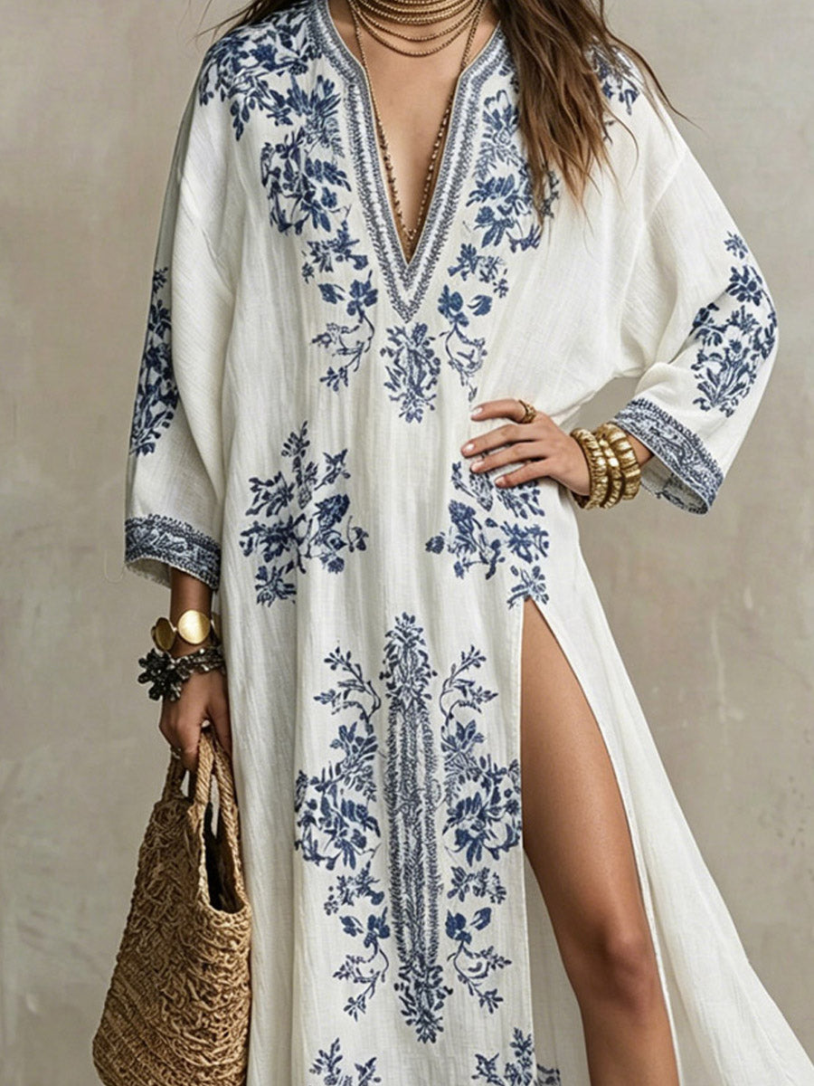 Women's Floral Art Print Casual Split Stylish 3/4 Sleeve Maxi Cotton Dress