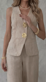 V-neck Sleeveless Vest And Trousers With Slits, Wide-leg Suit.