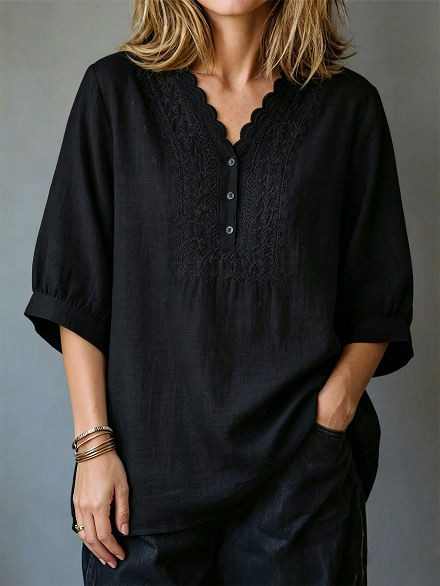 Wave Lace Embroidered V-neck Seven Quarter Bubble Sleeve Cotton And Linen Top