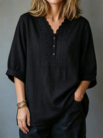 Wave Lace Embroidered V-neck Seven Quarter Bubble Sleeve Cotton And Linen Top