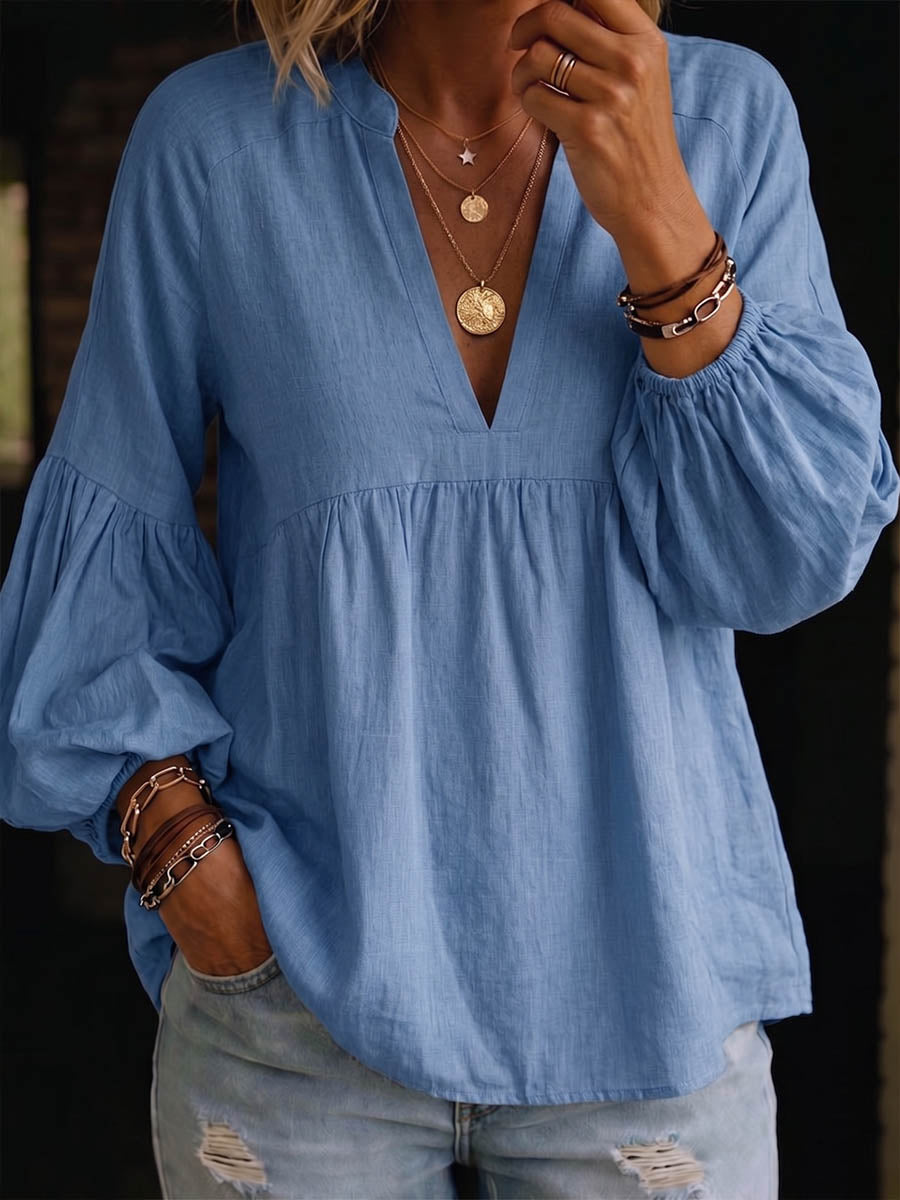 Women's Solid Color V-neck Long-sleeve Casual Loose Cotton-linen Top