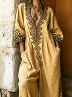 Women's Ethnic Art Casual Loose Pockets Cotton Linen Jumpsuit