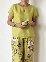 Women's Casual Short Sleeve Top And Floral Pants Cotton And Linen Two-piece Set
