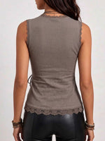 Women's Solid Color V-neck Sleeveless Casual Loose Lace-trimmed Cotton-linen Top With Tie Detail