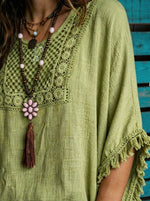 Women’s Boho Crochet Yoke Fringe 3/4 Sleeve Loose Blouse
