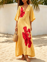 Women's Floral Pattern Art Print Stylish Casual Short Sleeve Cotton Linen Long Dress