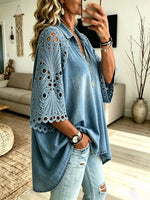 Women's Hollow Embroidery Lace Spliced Denim Loose 3/4 Sleeve Blouse