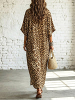 Retro Chic Leopard Pattern Loose Art Casual Short Sleeve Maxi Dress